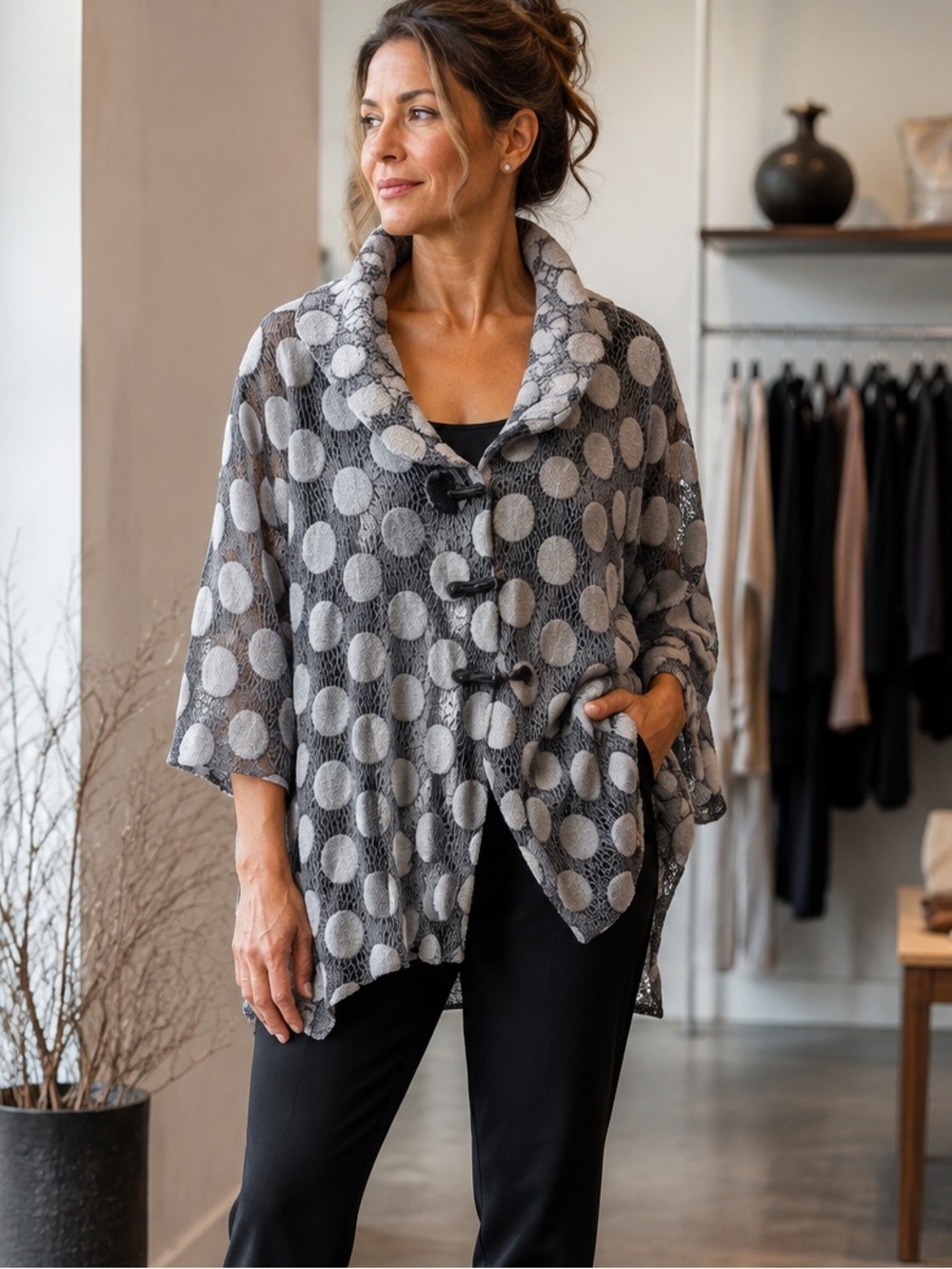 Polka Dot Sheer Texture Open-Weave Tunic with Cowl Collar Gray & White